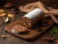 Salame di cioccolato con uova pastorizzate, cosparso di zucchero a velo, su tagliere di legno, con biscotti e cioccolato fondente.