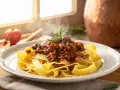 Pappardelle al cinghiale fumanti, un piatto ricco e saporito, con un rametto di rosmarino a guarnire.