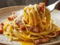 Spaghetti alla carbonara, con guanciale croccante, pecorino e pepe nero. Gli ingredienti carbonara perfetti per un piatto iconico.