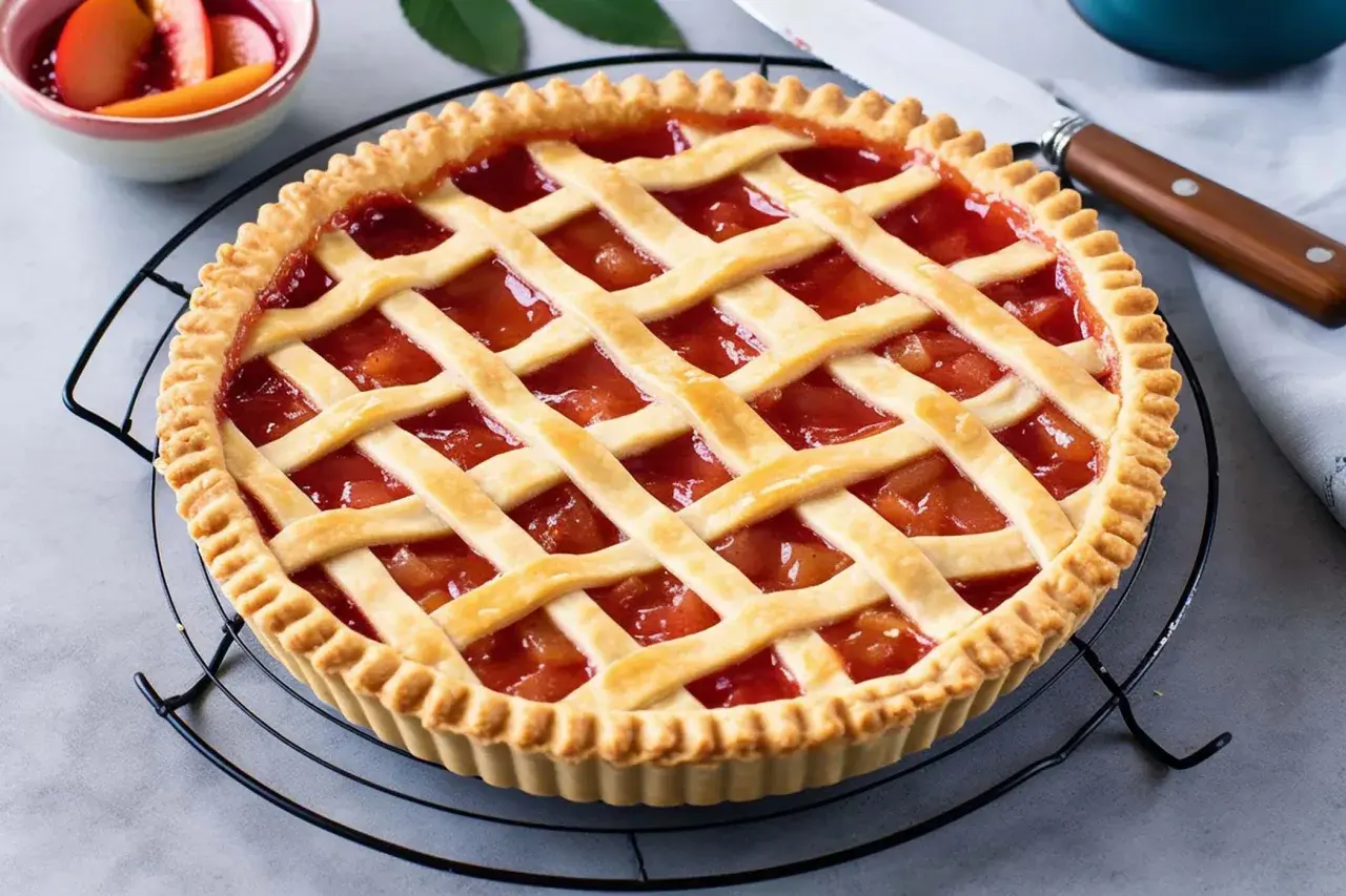 Crostata con ripieno di frutta e una griglia di pasta frolla, perfetta dimostrazione di come mettere le strisce sulla crostata.