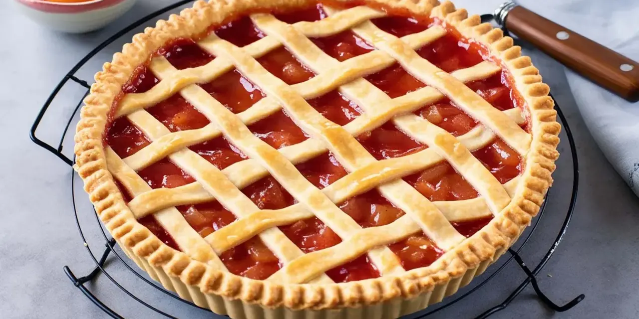 Crostata con ripieno di frutta e una griglia di pasta frolla, perfetta dimostrazione di come mettere le strisce sulla crostata.