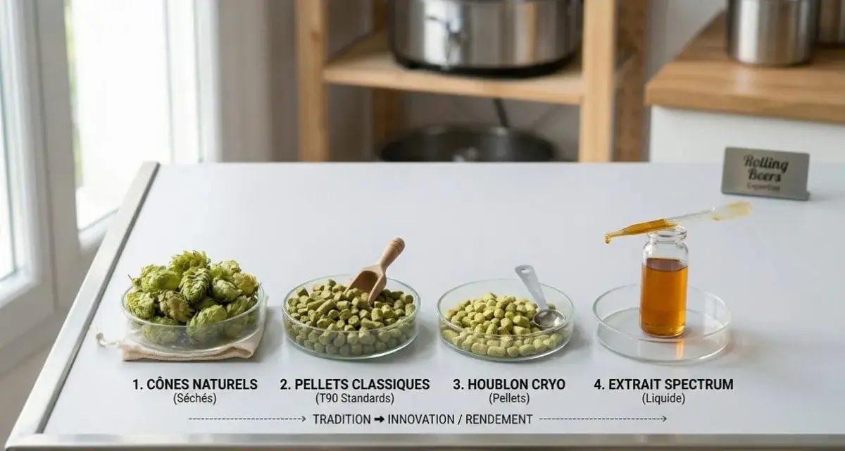 Dalla coppa di luppolo fresco ai pellet, fino all'estratto liquido: un percorso di trasformazione per esaltare il gusto.