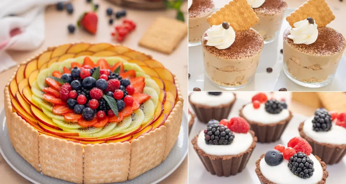 Torta di frutta colorata e mini tartellette con frutti di bosco: perfetti dolci veloci senza uova e senza cottura per ogni occasione.
