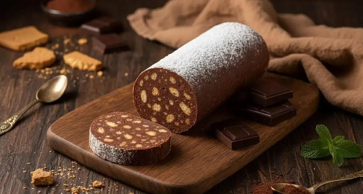 Salame di cioccolato con uova pastorizzate, cosparso di zucchero a velo, su tagliere di legno, con biscotti e cioccolato fondente.