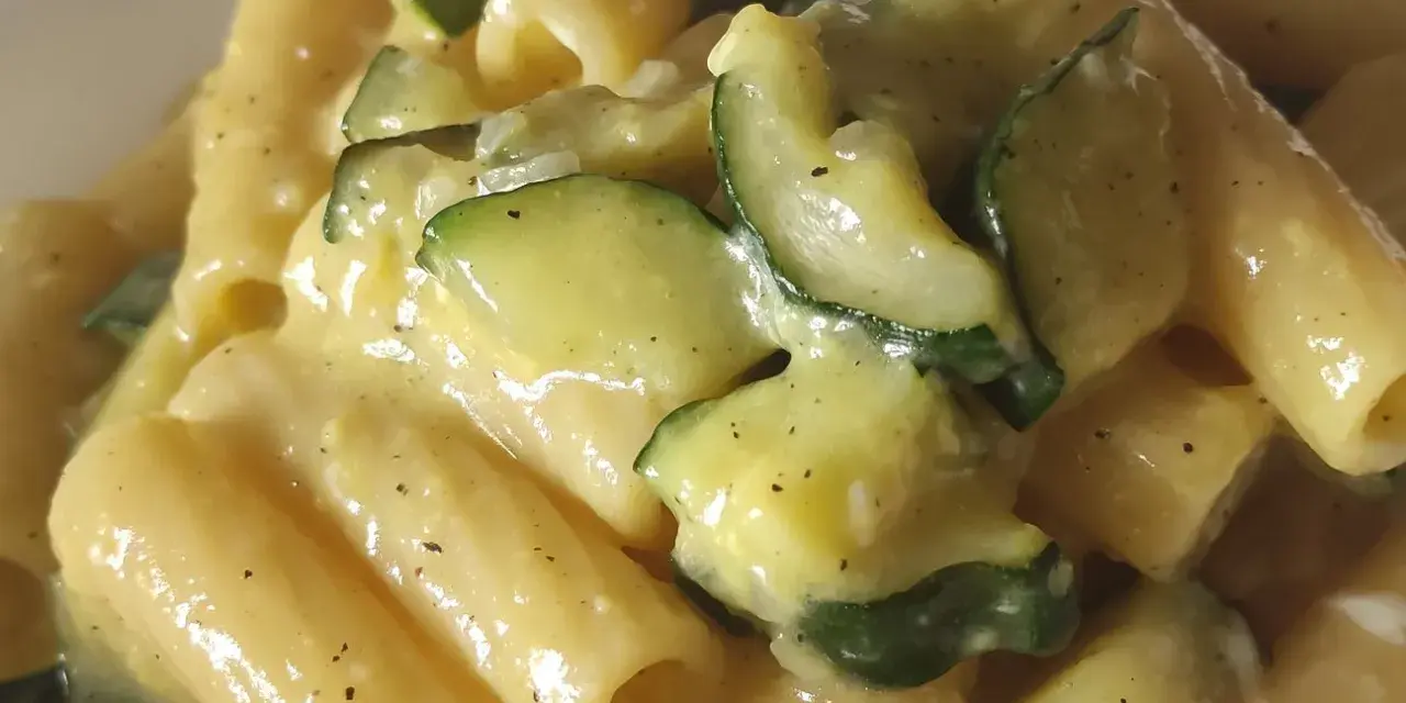Rigatoni cremosi con zucchine saltate, un'interpretazione leggera della carbonara di zucchine.