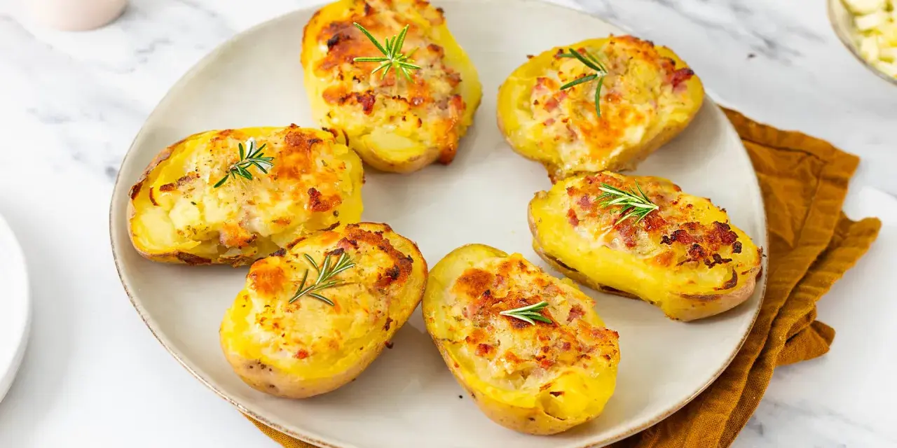 Patate ripiene al forno, dorate e gratinate, guarnite con rosmarino fresco. Un piatto invitante e saporito.