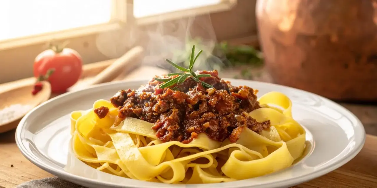 Pappardelle al cinghiale fumanti, un piatto ricco e saporito, con un rametto di rosmarino a guarnire.
