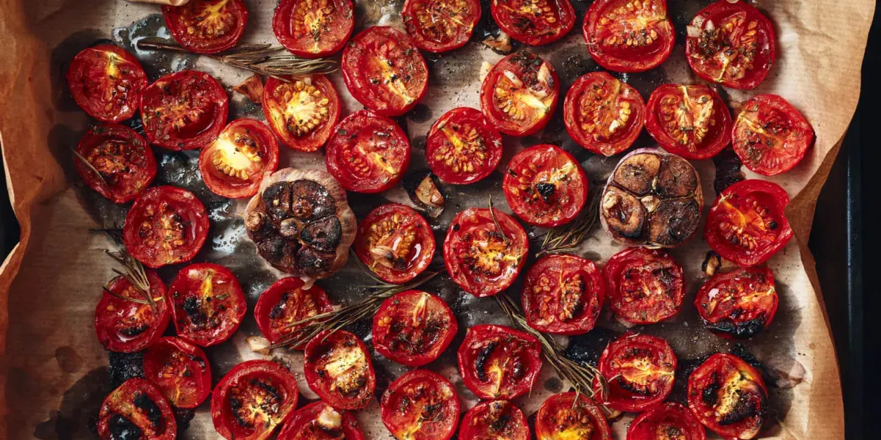 Pomodori al forno, caramellati e succosi, con aglio arrostito e rosmarino su carta forno.