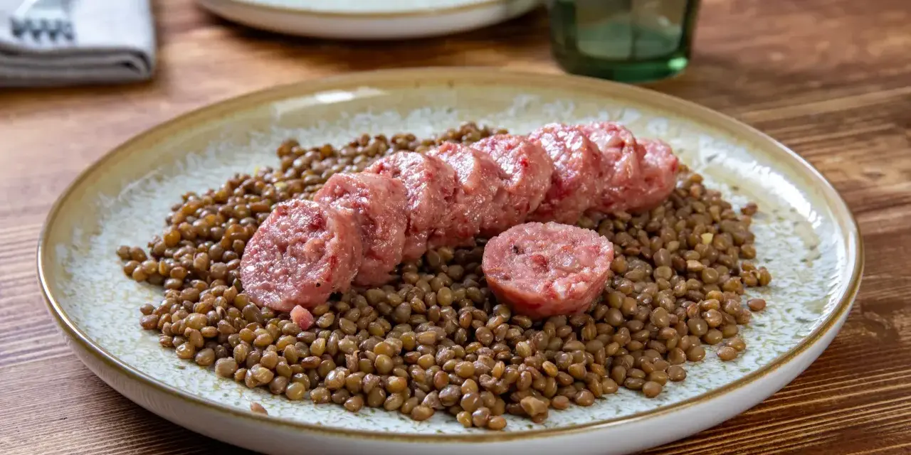 Piatto di lenticchie con fette di cotechino fatto in casa, un classico confortante.