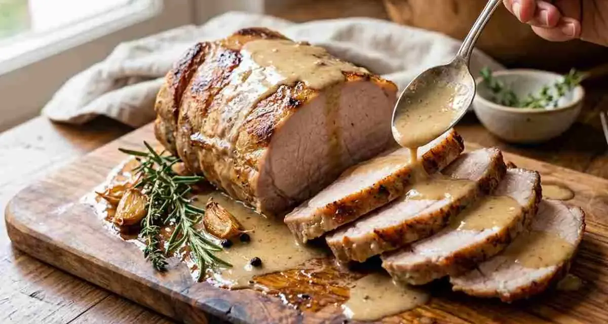 Arista al latte succulenta, affettata e irrorata con salsa cremosa su tagliere rustico, con aglio arrosto e rosmarino.