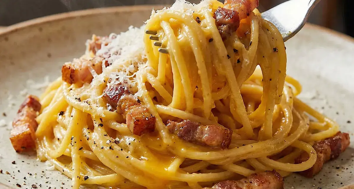 Spaghetti alla carbonara, con guanciale croccante, pecorino e pepe nero. Gli ingredienti carbonara perfetti per un piatto iconico.