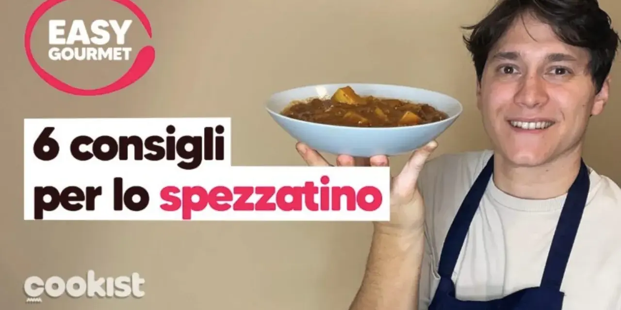 Un uomo sorride mostrando una ciotola di spezzatino di vitello. Testo: "6 consigli per lo spezzatino".