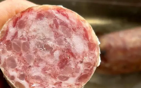 Fetta di cotechino, un salume cotto, mostra la sua carne macinata con grasso e cotenna.