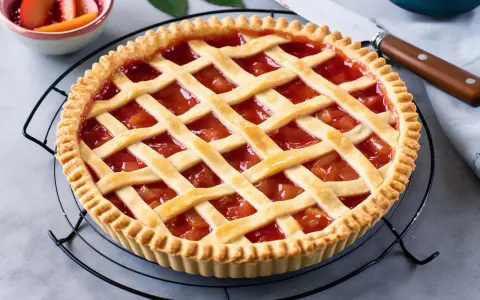 Crostata con ripieno di frutta e una griglia di pasta frolla, perfetta dimostrazione di come mettere le strisce sulla crostata.