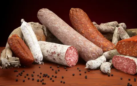 Un assortimento di salumi, tra cui spicca una grande fetta di carne insaccata, su un tavolo di legno con grani di pepe nero.