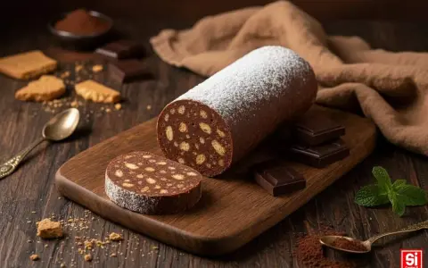Salame di cioccolato con uova pastorizzate, cosparso di zucchero a velo, su tagliere di legno, con biscotti e cioccolato fondente.