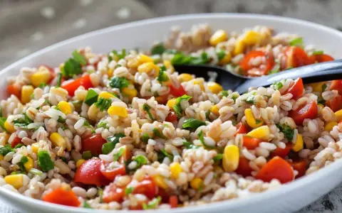 Insalata di farro colorata con pomodorini, mais e prezzemolo fresco. Un piatto leggero e gustoso.