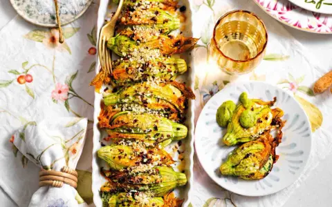 Deliziosi fiori di zucca ripieni, dorati e croccanti, serviti su un piatto con un tocco di verde.