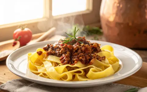 Pappardelle al cinghiale fumanti, un piatto ricco e saporito, con un rametto di rosmarino a guarnire.