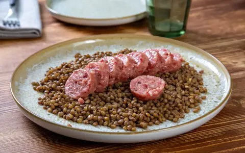 Piatto di lenticchie con fette di cotechino fatto in casa, un classico confortante.