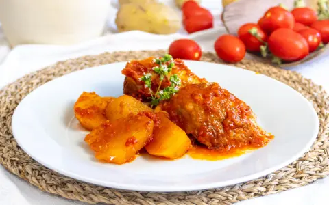 Piatto di cosciotto di tacchino in umido con patate, guarnito con erbe aromatiche. Sullo sfondo, pomodori e patate fresche.