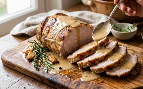 Arista al latte succulenta, affettata e irrorata con salsa cremosa su tagliere rustico, con aglio arrosto e rosmarino.