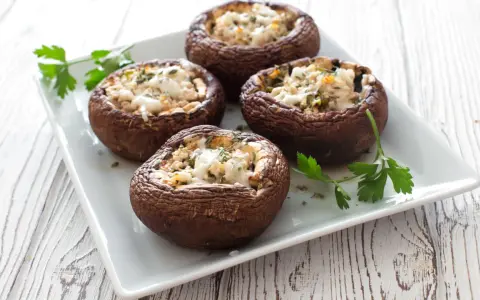 Quattro funghi ripieni al forno, dorati e invitanti, guarniti con prezzemolo fresco su un piatto bianco.