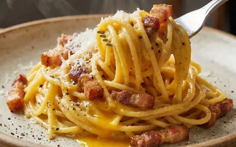 Spaghetti alla carbonara, con guanciale croccante, pecorino e pepe nero. Gli ingredienti carbonara perfetti per un piatto iconico.