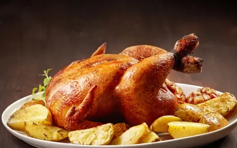 Un succulento pollo allo spiedo dorato, servito con patate arrosto e aglio su un piatto bianco.