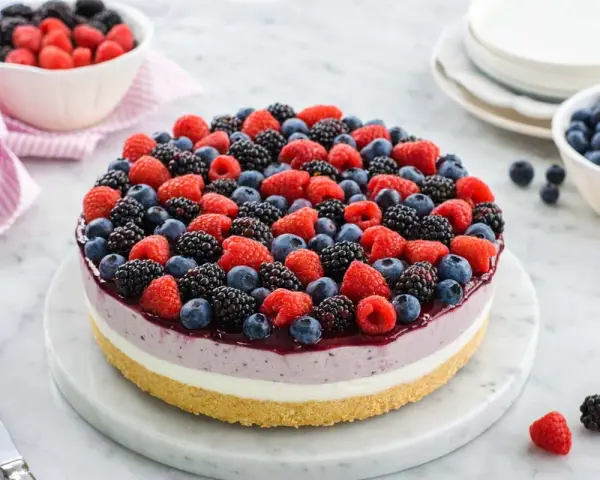 Cheesecake ai mirtilli con philadelphia e yogurt, ricoperta da un tripudio di frutti di bosco freschi: mirtilli, lamponi e more.