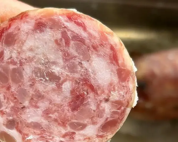 Fetta di cotechino, un salume cotto, mostra la sua carne macinata con grasso e cotenna.