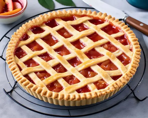 Crostata con ripieno di frutta e una griglia di pasta frolla, perfetta dimostrazione di come mettere le strisce sulla crostata.