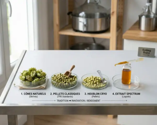 Dalla coppa di luppolo fresco ai pellet, fino all'estratto liquido: un percorso di trasformazione per esaltare il gusto.