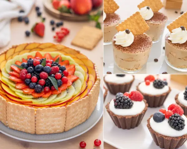 Torta di frutta colorata e mini tartellette con frutti di bosco: perfetti dolci veloci senza uova e senza cottura per ogni occasione.