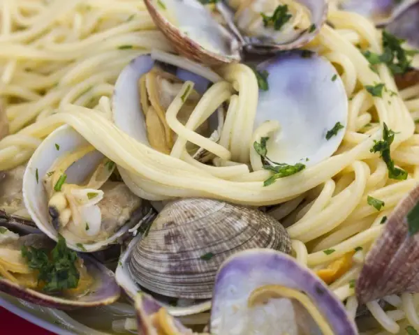 Un piatto invitante di spaghetti alle vongole, con pasta dorata e molluschi freschi guarniti da prezzemolo tritato.