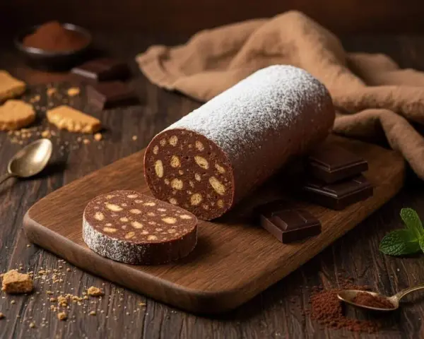 Salame di cioccolato con uova pastorizzate, cosparso di zucchero a velo, su tagliere di legno, con biscotti e cioccolato fondente.