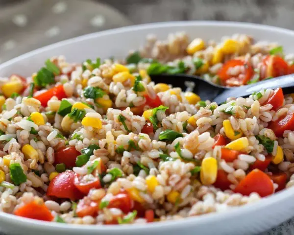 Insalata di farro colorata con pomodorini, mais e prezzemolo fresco. Un piatto leggero e gustoso.