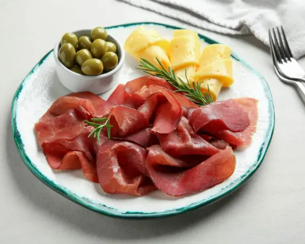 Bresaola con formaggio da abbinare, olive verdi e rosmarino su un piatto.