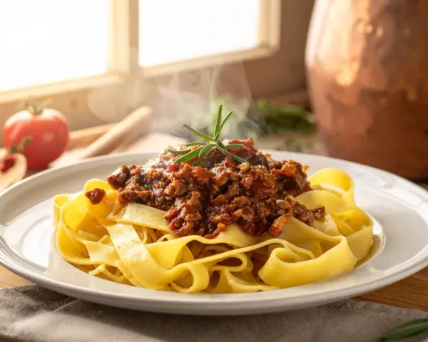 Pappardelle al cinghiale fumanti, un piatto ricco e saporito, con un rametto di rosmarino a guarnire.