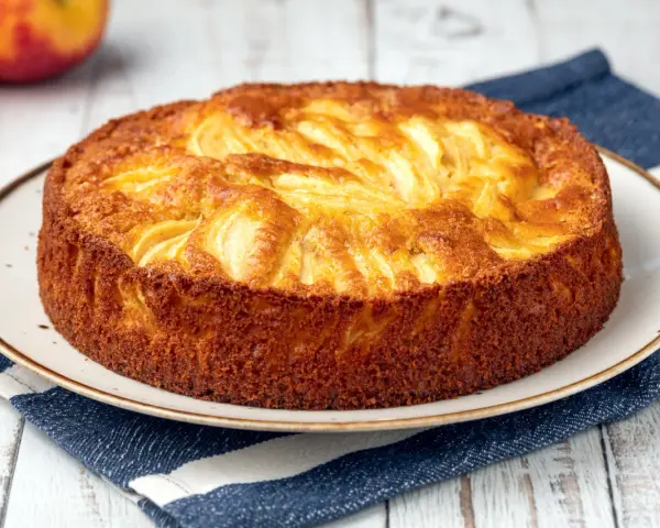 Torta di mele dorata, appena sfornata, con mele a vista. Perfetta da spennellare con un po' di sciroppo.