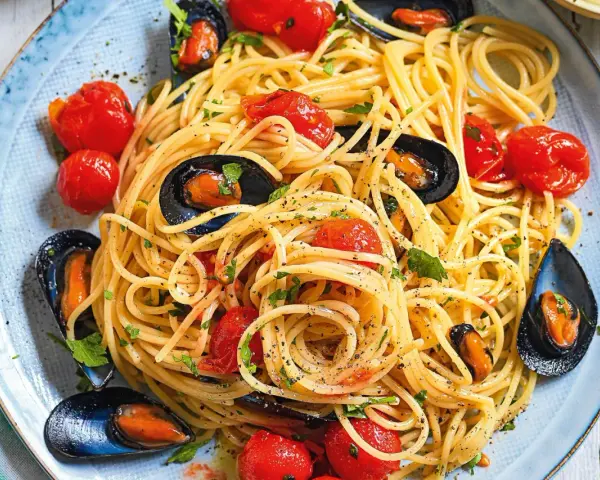Un piatto invitante di spaghetti con le cozze e pomodorini, condito con prezzemolo fresco e pepe nero.