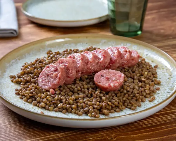 Piatto di lenticchie con fette di cotechino fatto in casa, un classico confortante.