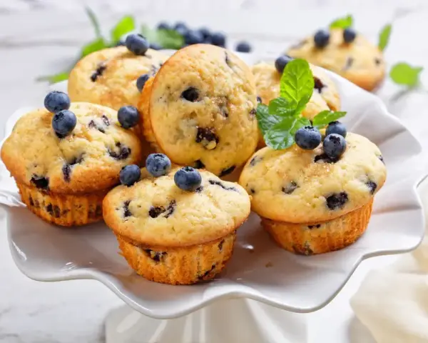 Muffin ai mirtilli appena sfornati, decorati con mirtilli freschi e menta. Una deliziosa ricetta per iniziare la giornata.