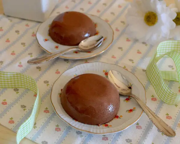 Due budini al cioccolato con amido di mais, serviti su piattini floreali con cucchiaini d'argento. Nastro a quadretti verdi completa la scena.