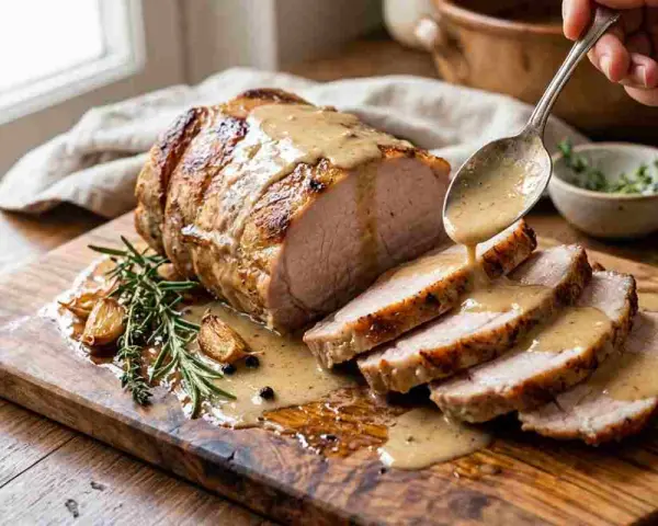 Arista al latte succulenta, affettata e irrorata con salsa cremosa su tagliere rustico, con aglio arrosto e rosmarino.
