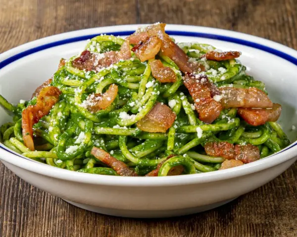 Un piatto invitante di pasta con spinaci, condita con croccante pancetta e parmigiano grattugiato, servita in una ciotola bianca con bordo blu.