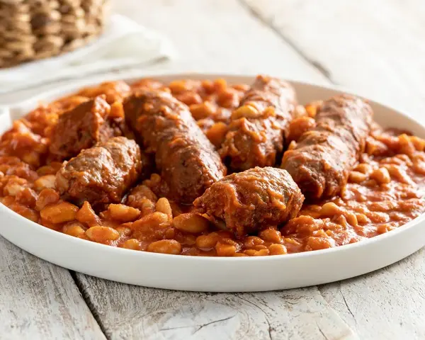 Piatto di salsiccia e fagioli in umido, un classico confort food.