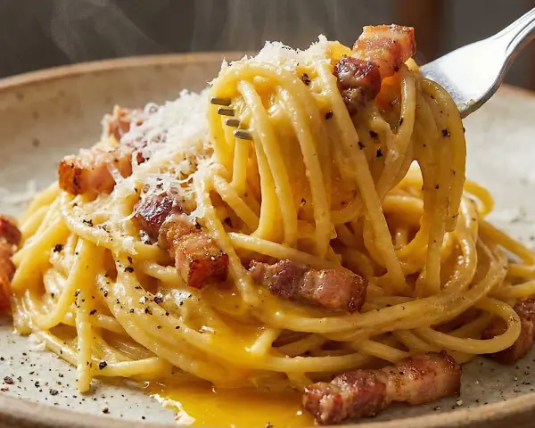Spaghetti alla carbonara, con guanciale croccante, pecorino e pepe nero. Gli ingredienti carbonara perfetti per un piatto iconico.