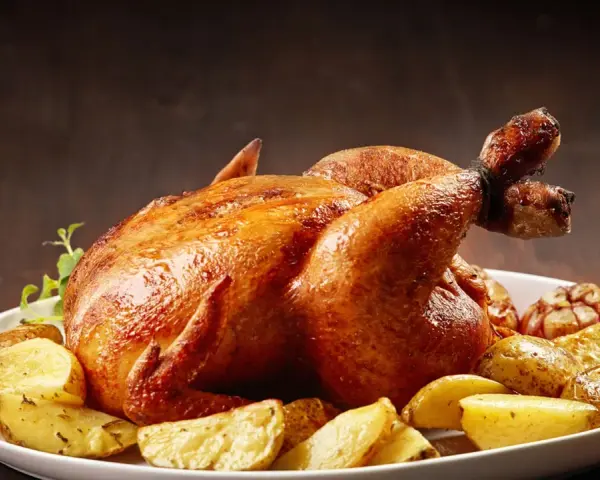 Un succulento pollo allo spiedo dorato, servito con patate arrosto e aglio su un piatto bianco.