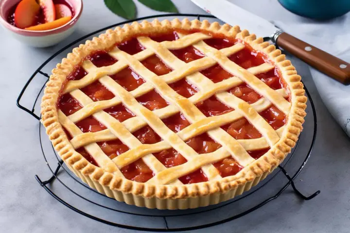 Crostata con ripieno di frutta e una griglia di pasta frolla, perfetta dimostrazione di come mettere le strisce sulla crostata.